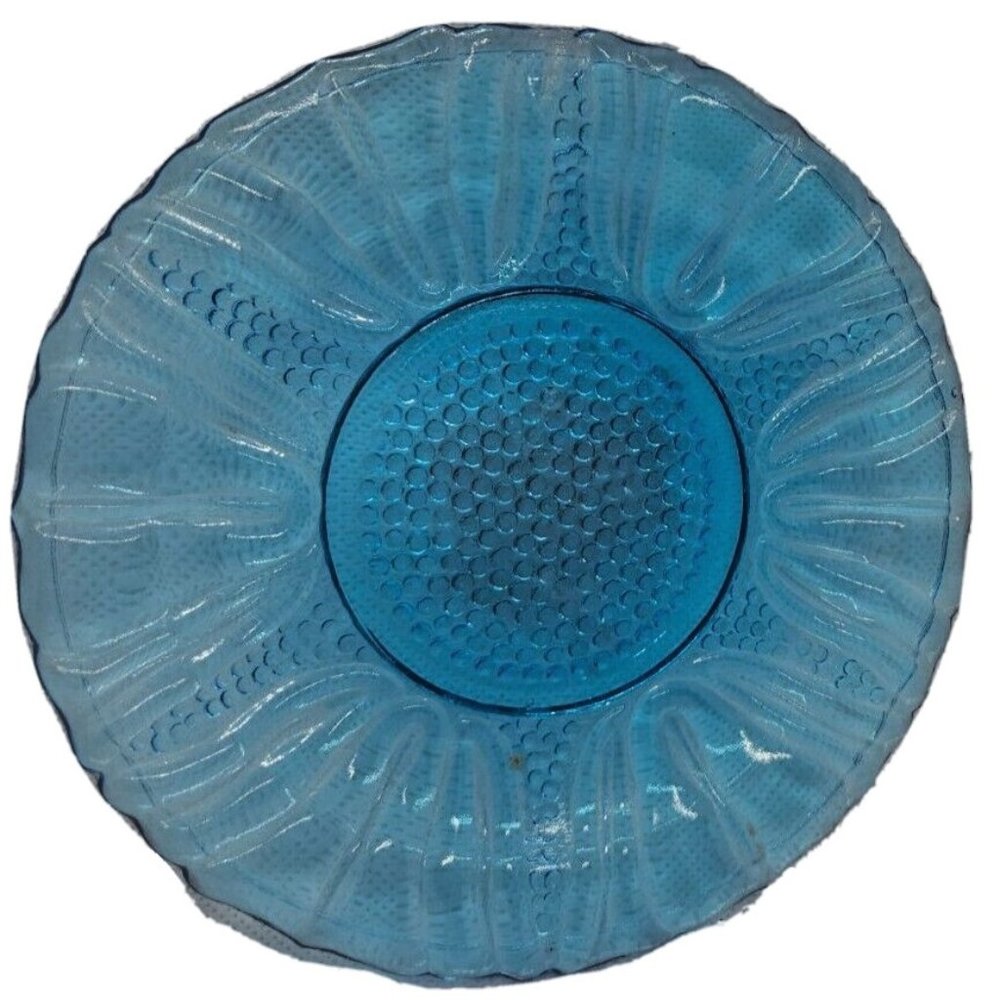 Vintage Dell Blue Tulip Glass 5.5  Inch Plate Scalloped Edge Ribbed Design Rare